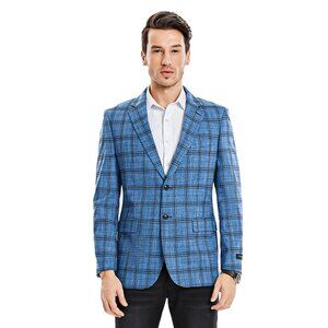 Light Teal Glen Plaid Mens Textured Blazer by Tazzio
